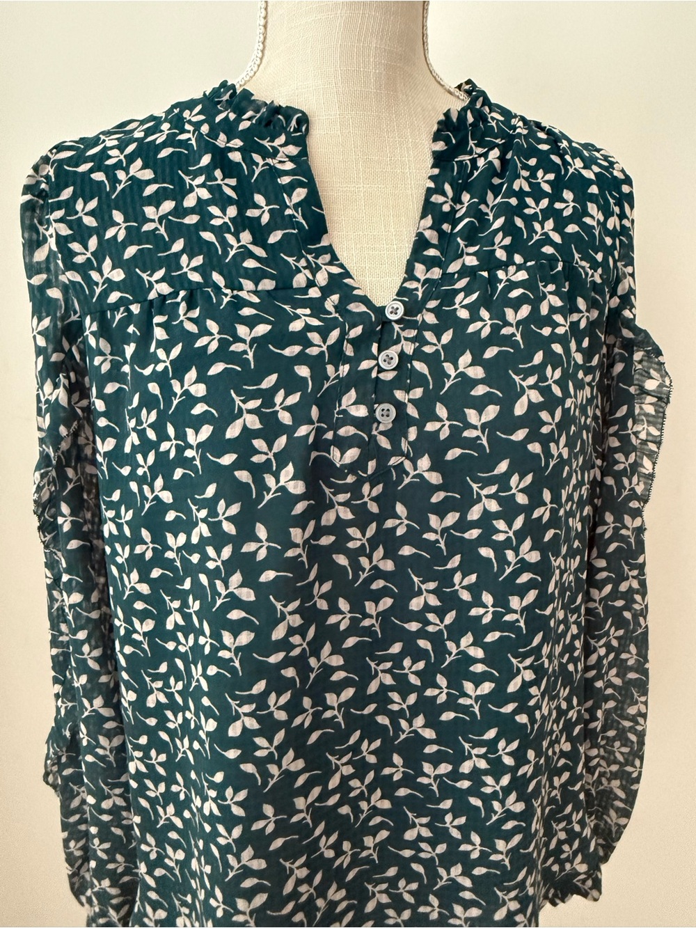 LOFT Teal Leaf-Print Button Henley Blouse - Picture 3 of 6